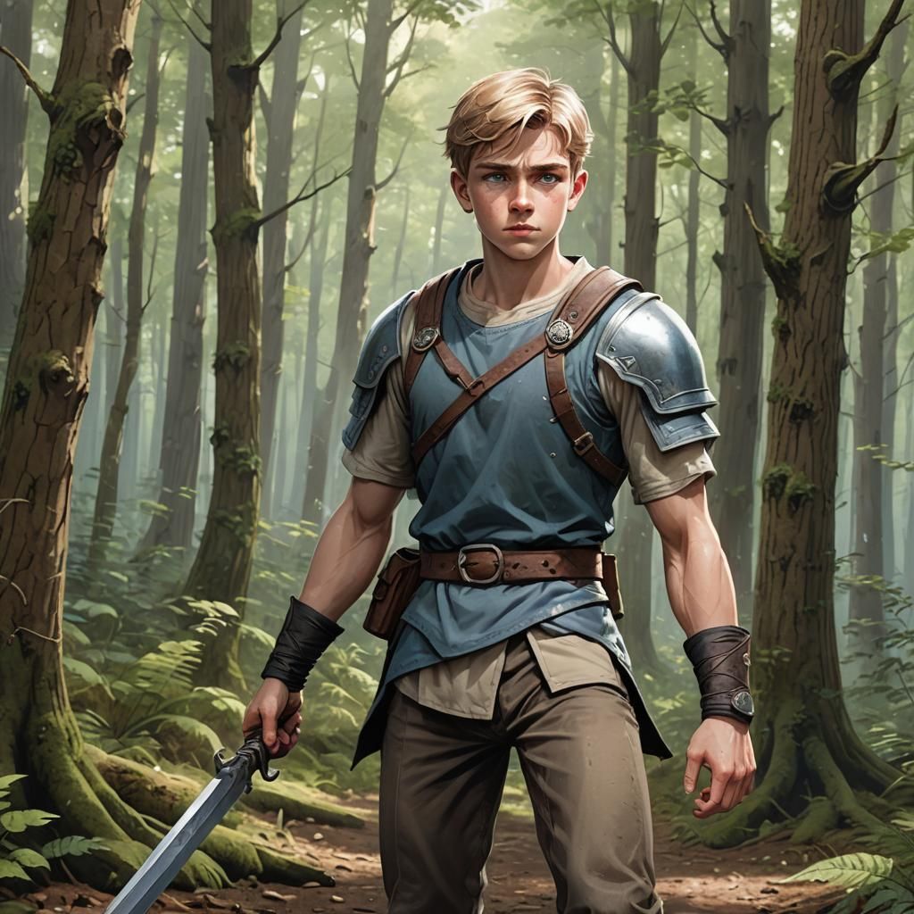 Young Warrior Training in Forest, Watercolor Anime Style