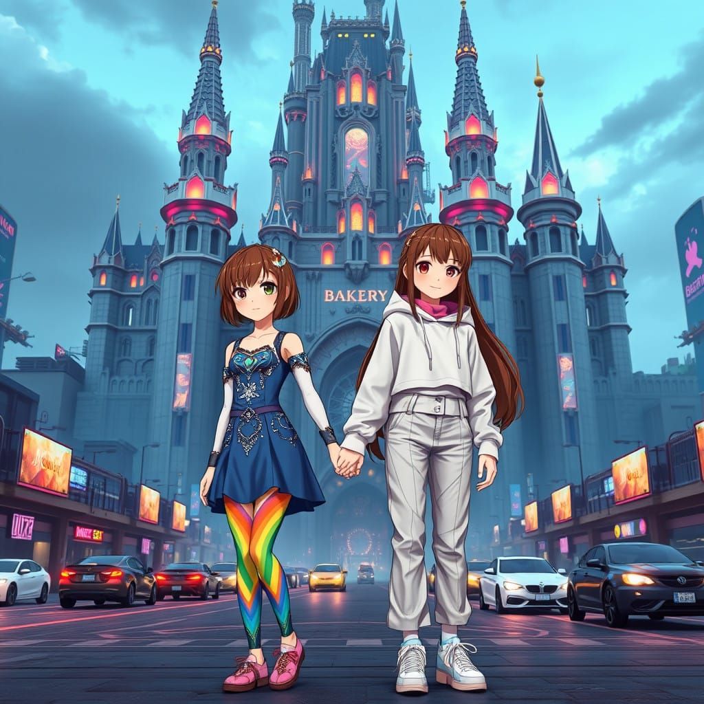 Sisters in Futuristic Adventuring Regalia Stand Before Majes...