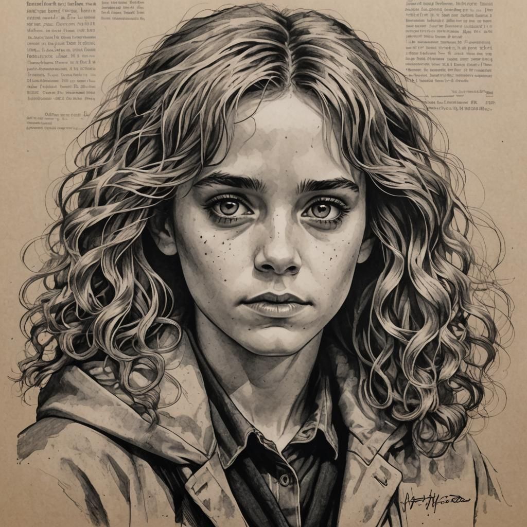 Detailed Portrait of Young Woman on Aged Paper