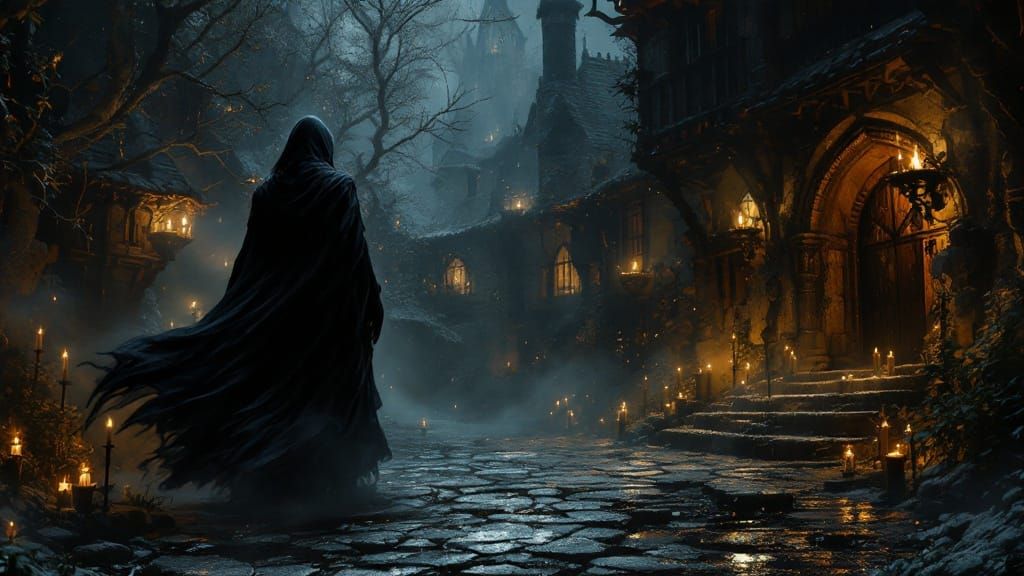 Dark Spirit Descends into Candlelit Chamber