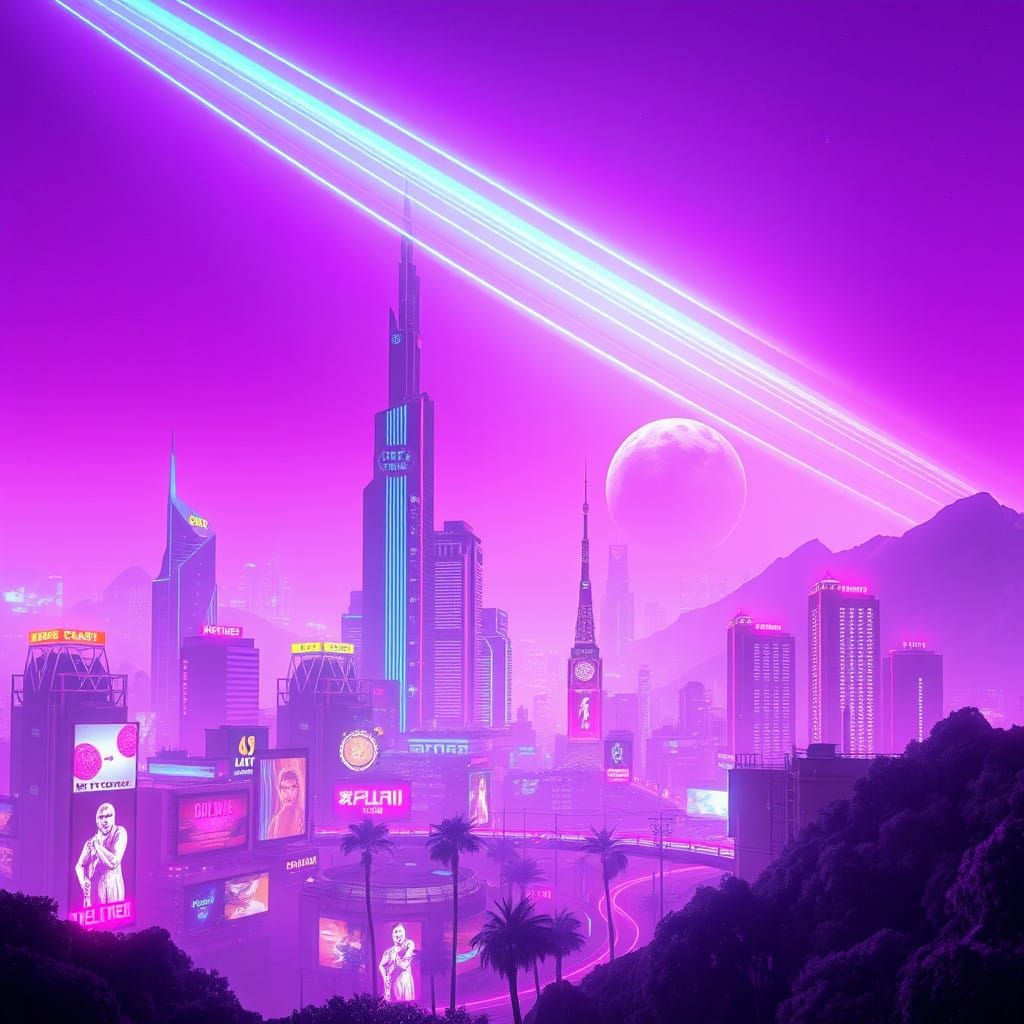 Vaporwave Futuristic Oasis, Retro Cityscape, Glitchy Haze