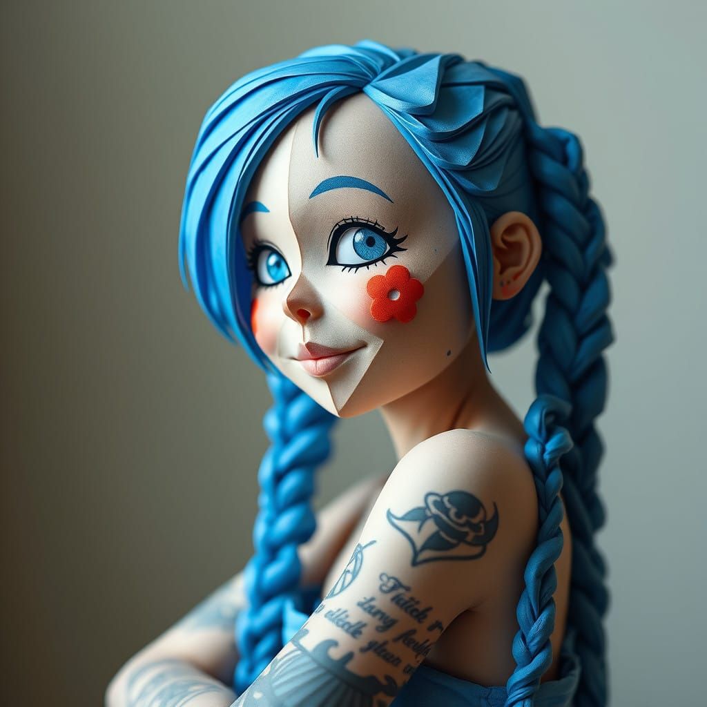 Blue Girl with Braids and Tattoos in Whimsical Art Style