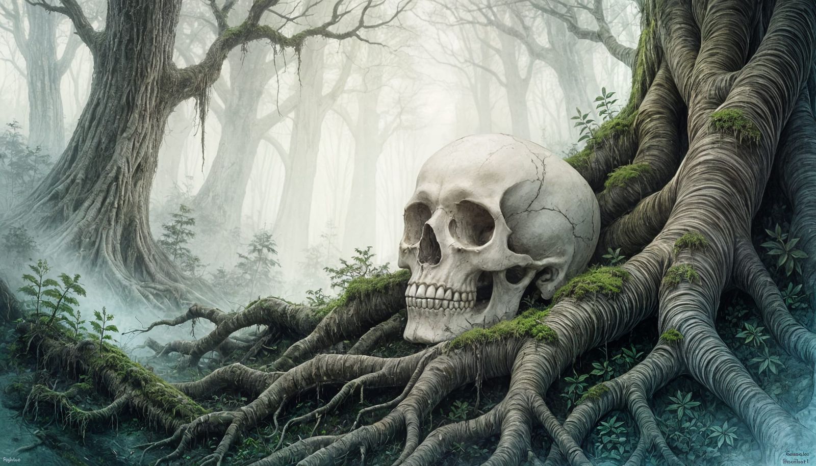 Ancient Skull in Misty Forest Watercolor