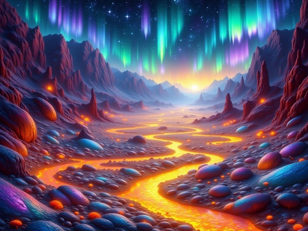 Ethereal Alien Landscape with Molten Gold Rivers