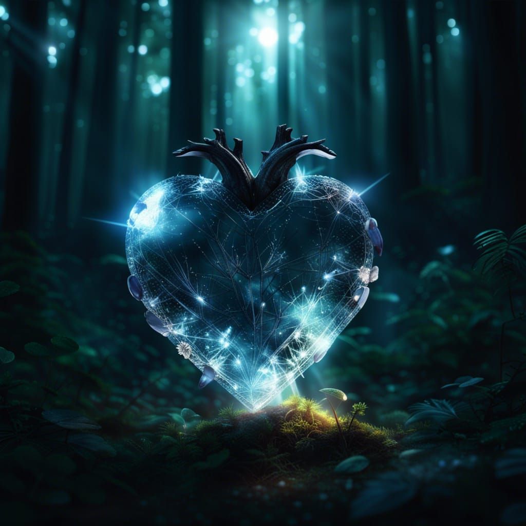 Illuminated Crystal Heart in Dark Forest