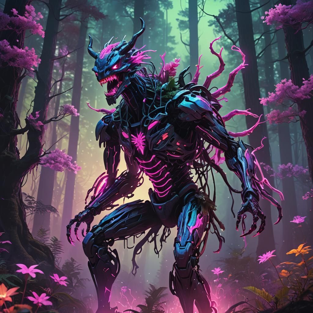 Synthwave Neon Creature in a Glowing Forest