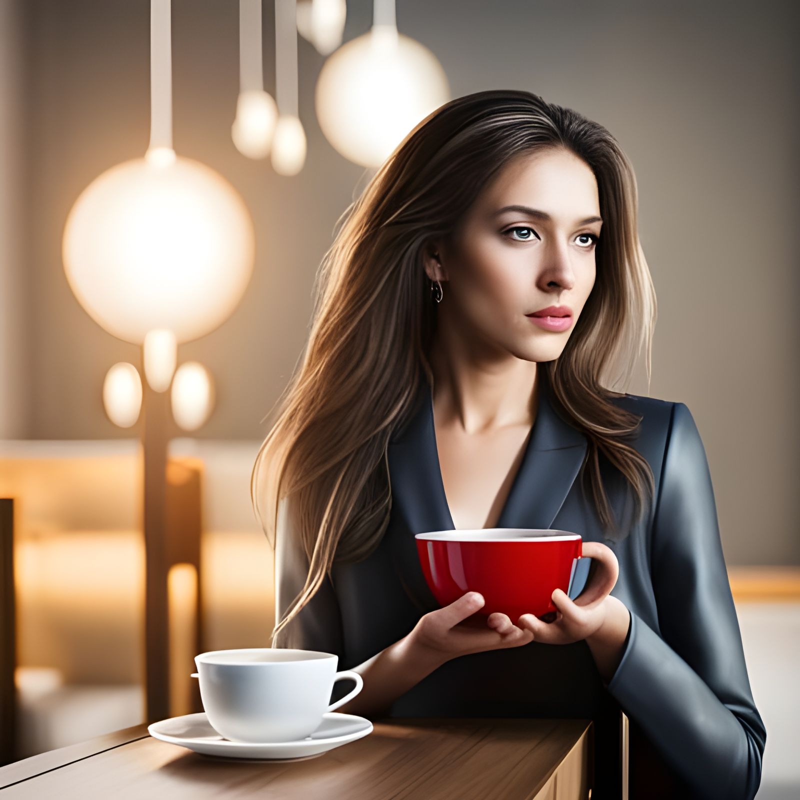 Photorealistic Portrait of Woman in Cafe with Tea