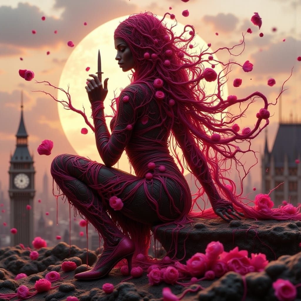 Rosebound Assassin on Rooftop in Abstract Reality