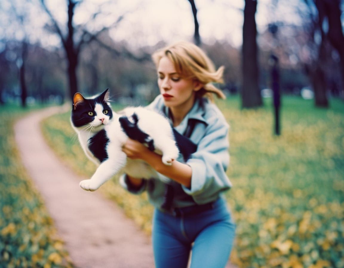 Nostalgic 90s Photo of Woman Catching Cat