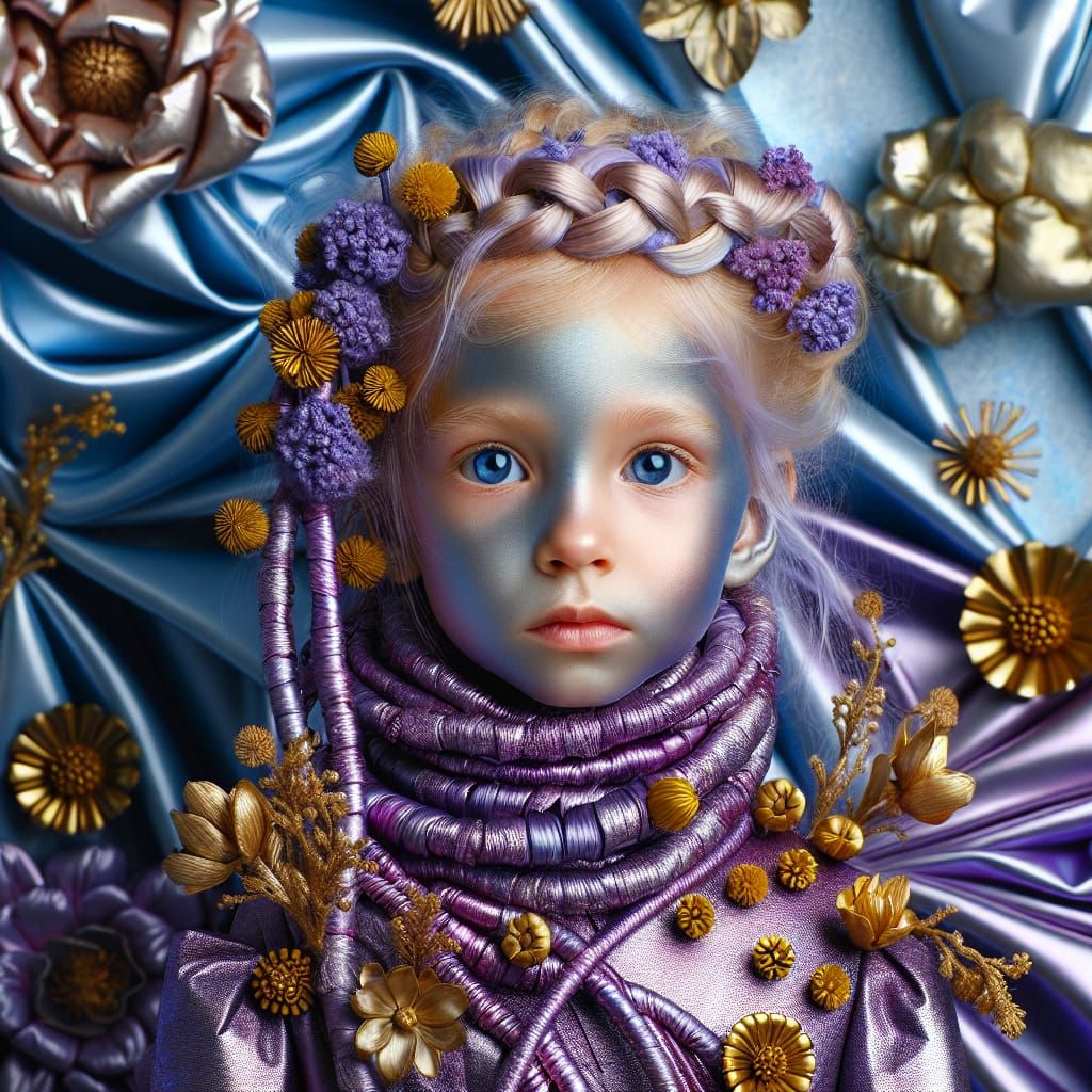 Surreal Metallic Toddler Girl with Flowers