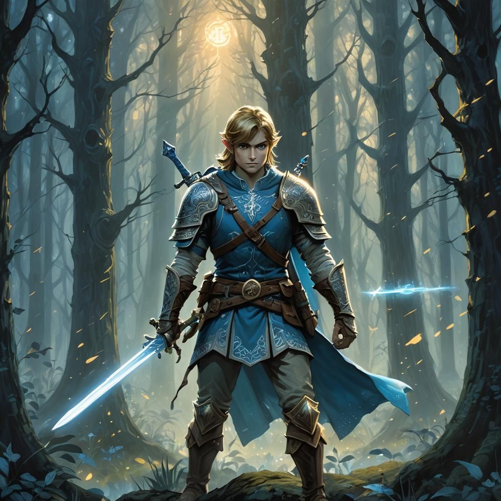 Heroic Figure in Moonlit Forest Fantasy Illustration