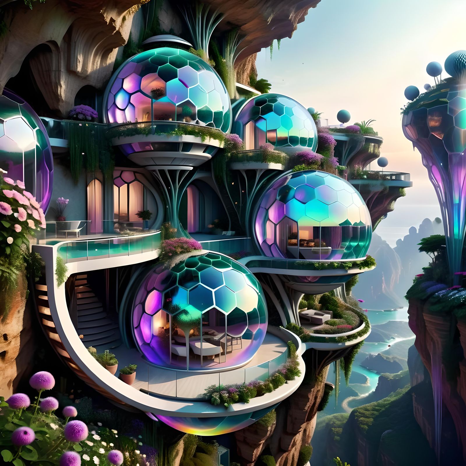 Opalescent Futuristic Home with Hanging Gardens