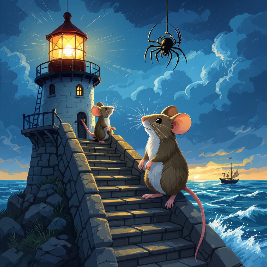 Mouse and Spider Climb Lighthouse in Stormy Dark Fantasy Art