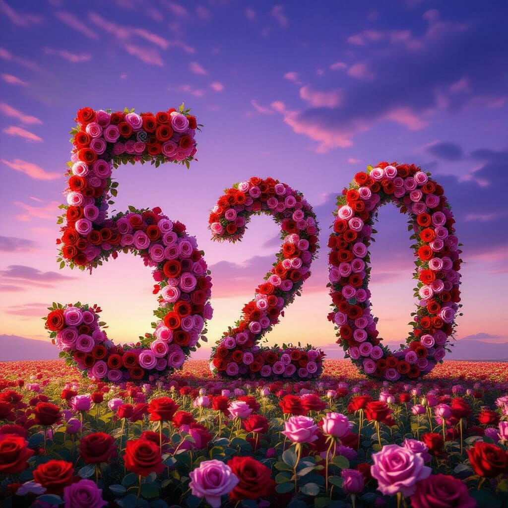 Floral Numbers: Roses Form "520" Against Purple Sky
