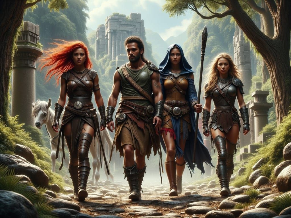 Fantasy Party in Acropolis Ruins, in Frank Frazetta Style