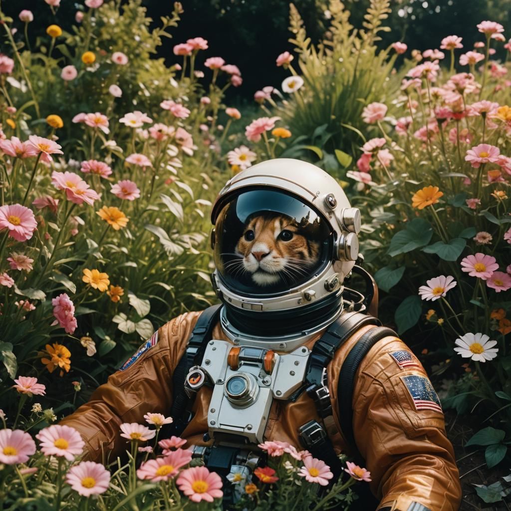 Astronaut's Shock in Floral Garden: Cinematic Film Still