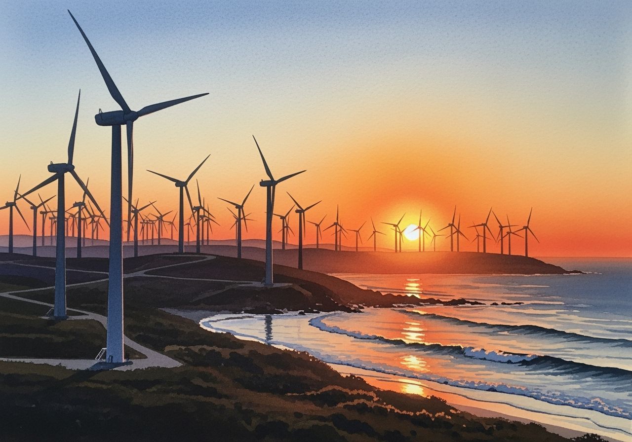 Sunrise Over South African Wind Farm in Watercolor Style
