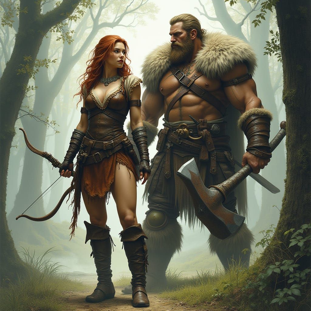 Elf Ranger and Barbarian in a Misty Forest