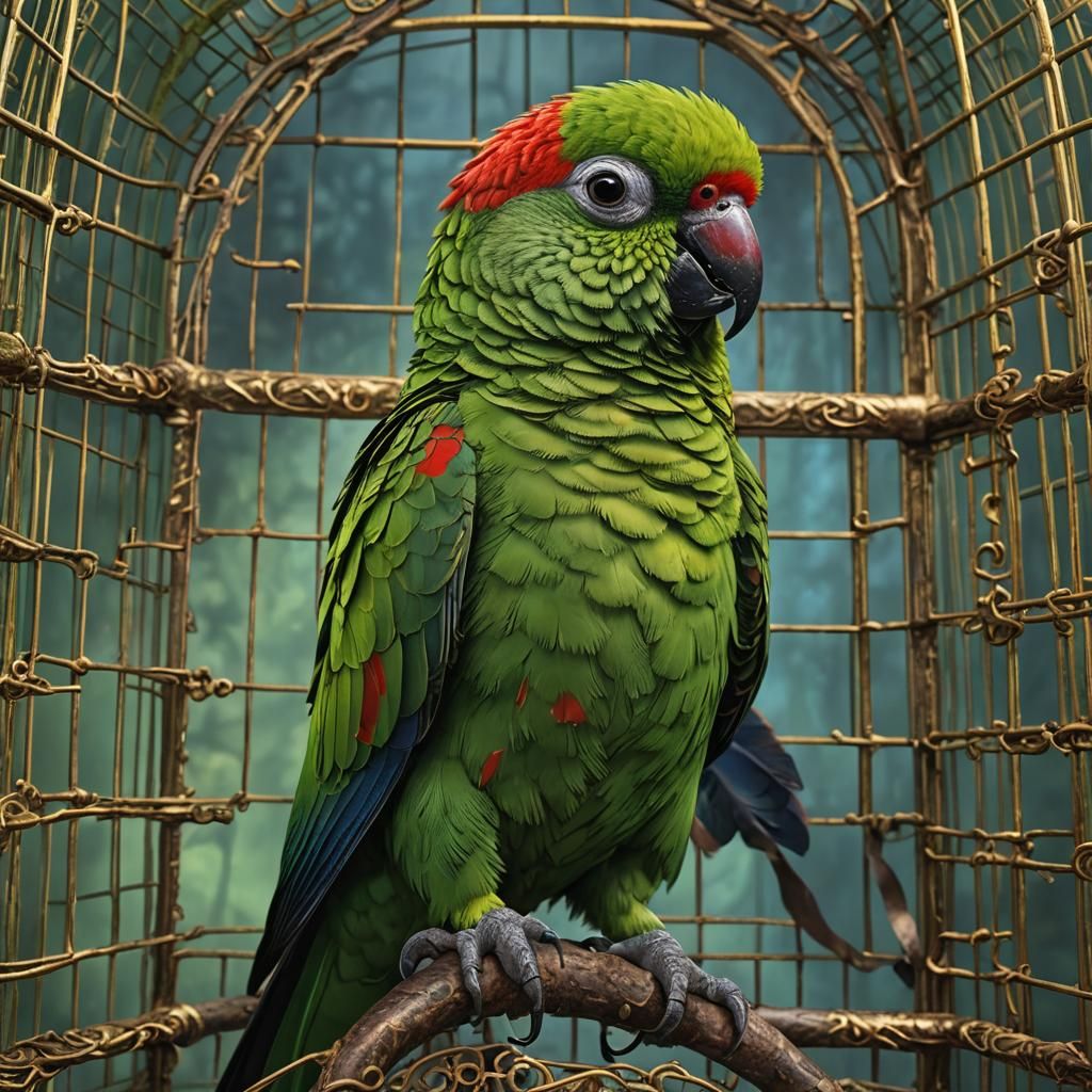 Vibrant Green-Cheeked Conure in Gilded Cage