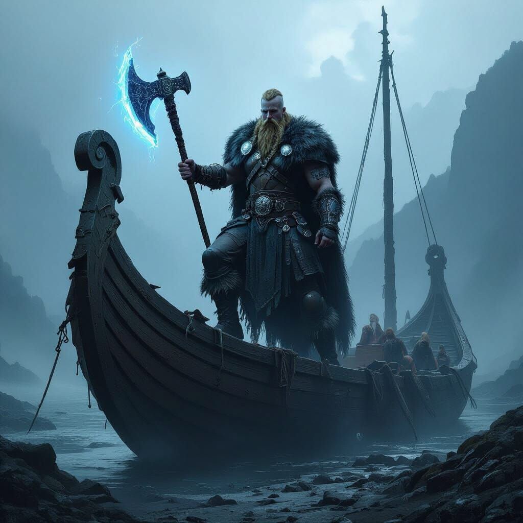 Cybernetic Viking Warrior in Mist-Shrouded Fjord