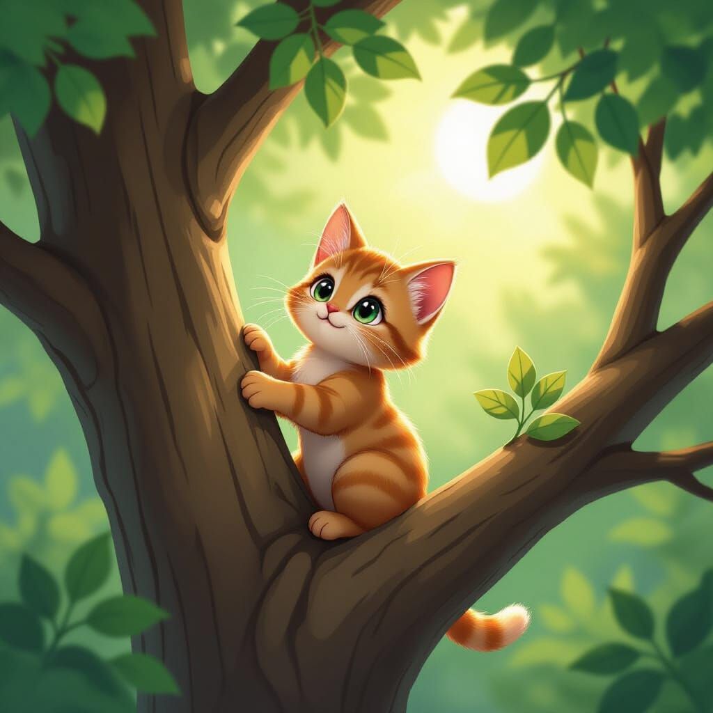 Kitten Struggles to Climb Oak Tree in Anime Style