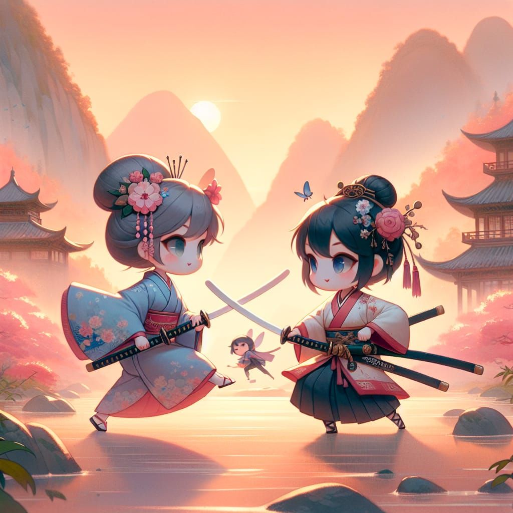 Chibi Geishas Sword Fight in Misty Chinese Landscape