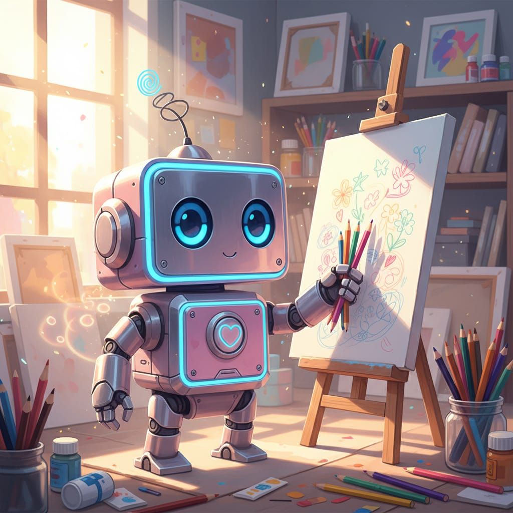 Cute Pastel Pink Robot in Sunny Art Studio