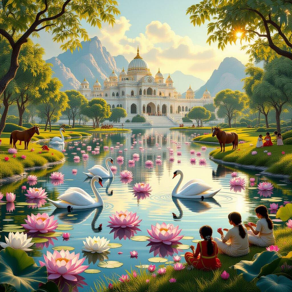 Indian Lotus Pond with Palace in Dreamlike Realism
