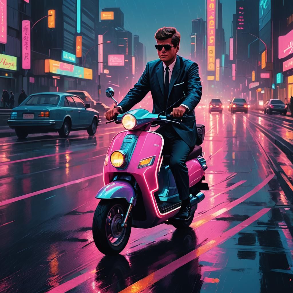 JFK Rides Scooter in Neon Cityscape