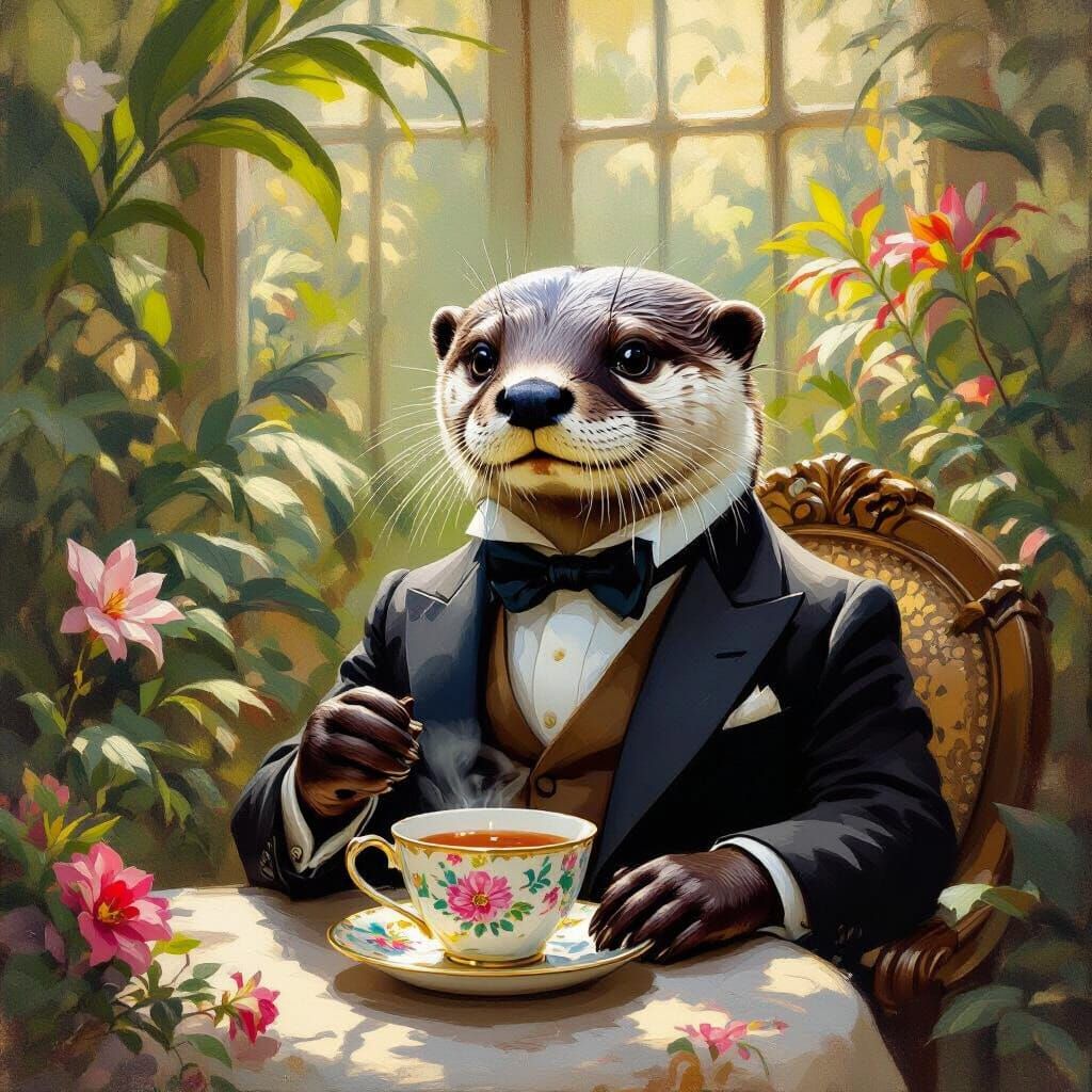 Otter Sipping Tea in Impressionist Style