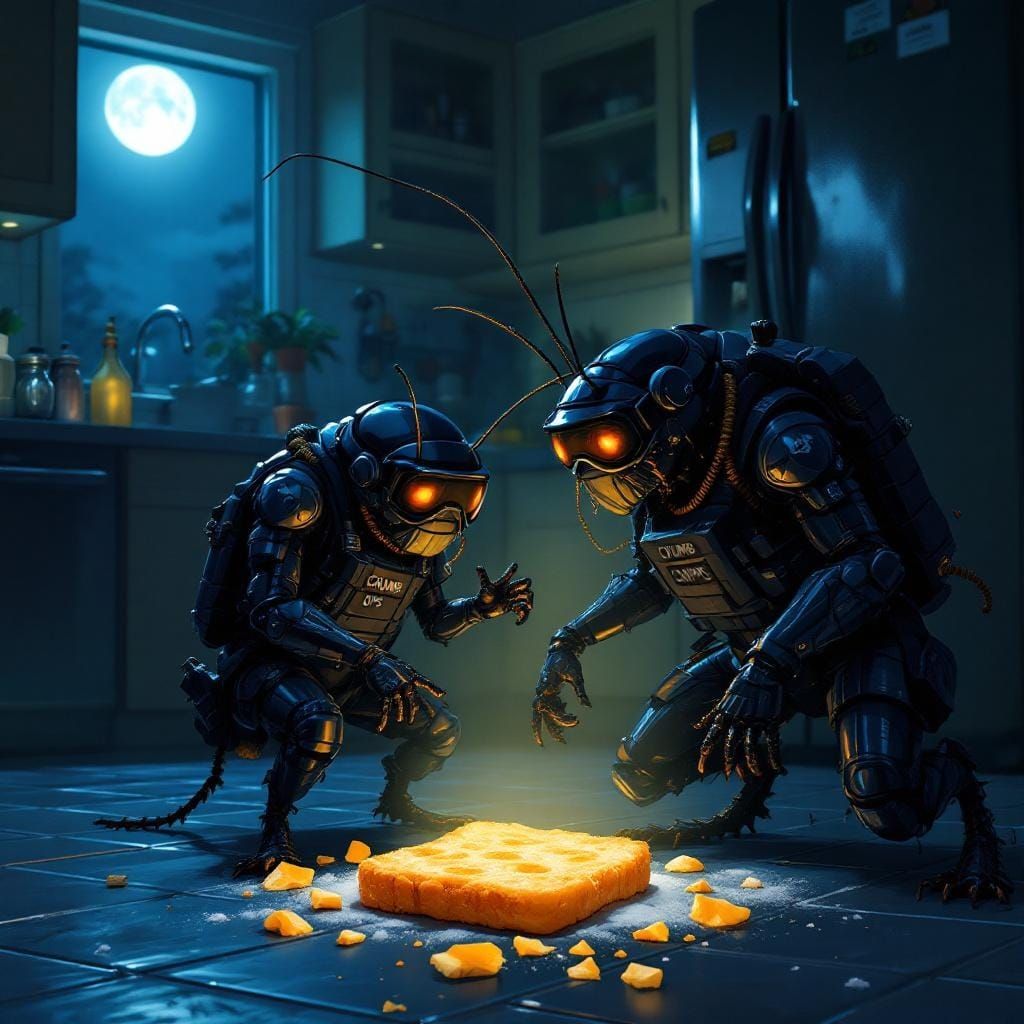 Tactical Cockroach Kitchen Raid: Hyperrealistic Illustration