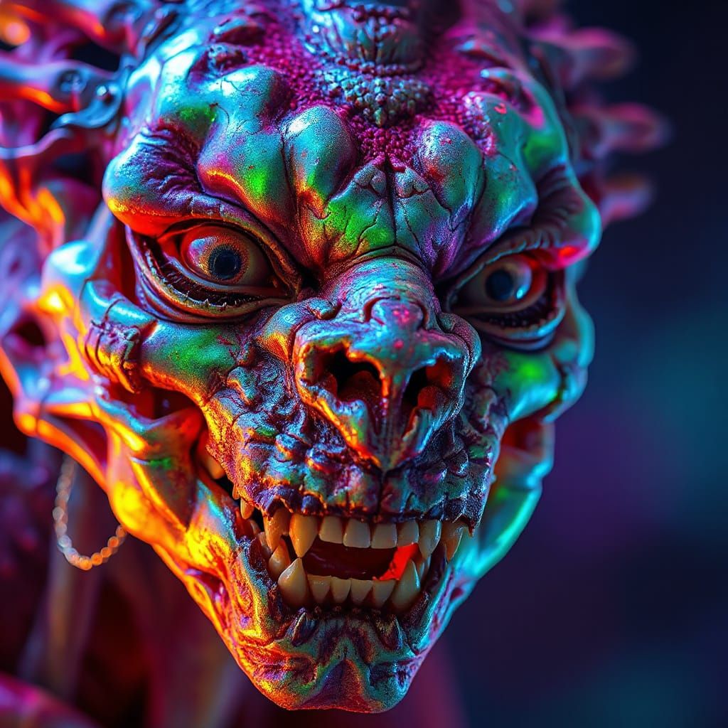 Iridescent Skin Gnashed by Teeth in Visionary Art Style