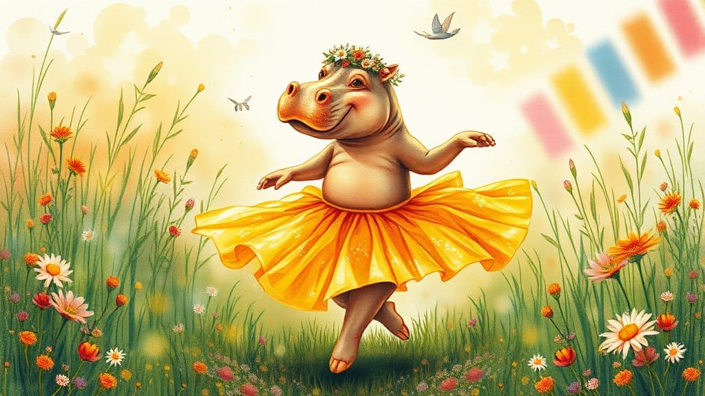 Golden Hippopotamus Dances in Blooming Meadow
