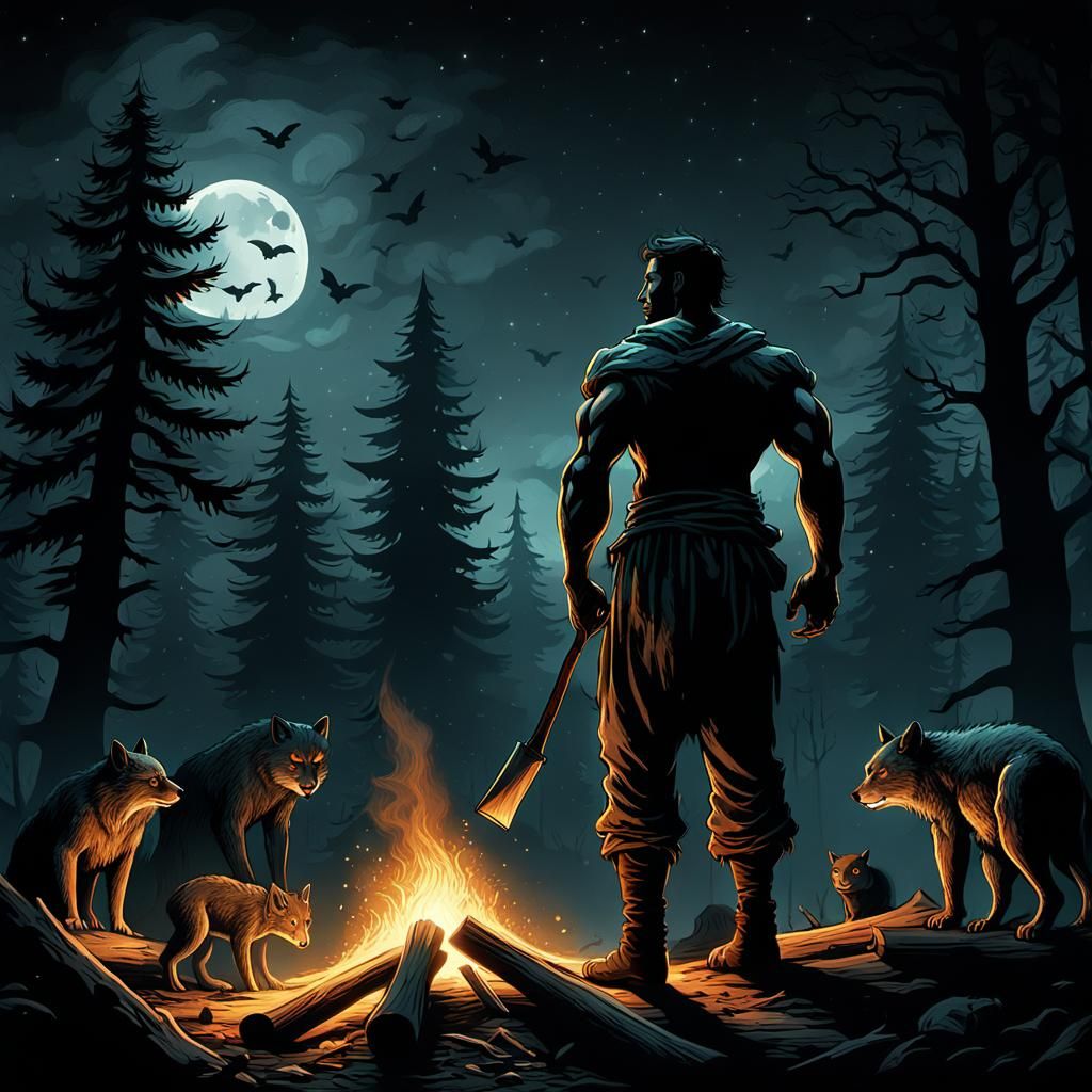 Eerie Night: Woodsman and Forest Creatures in Digital Art