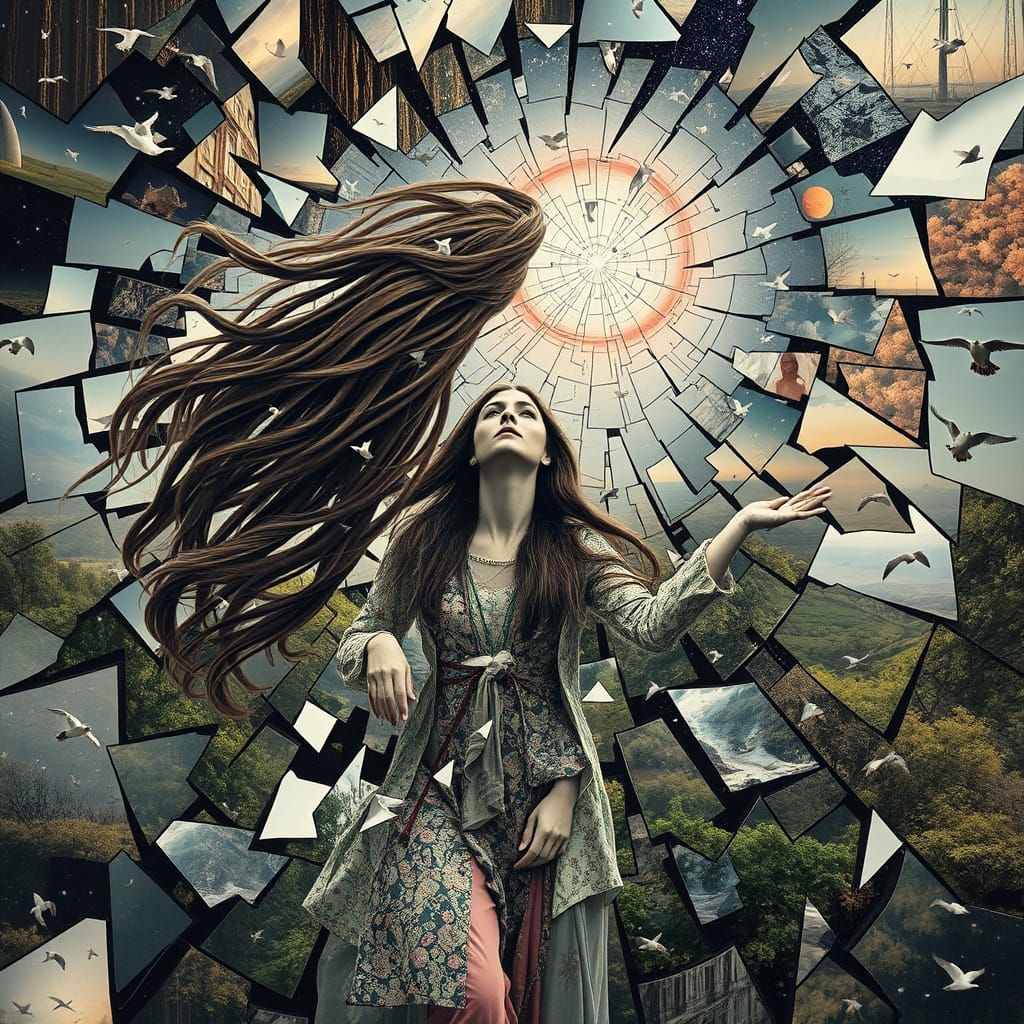 Ethereal Woman in Cosmic Shattered Mirror Landscape