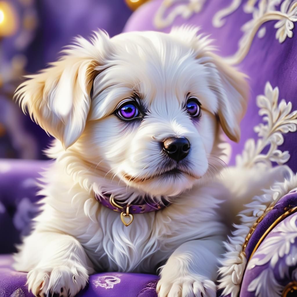 Vibrant White Pup on Violet Couch