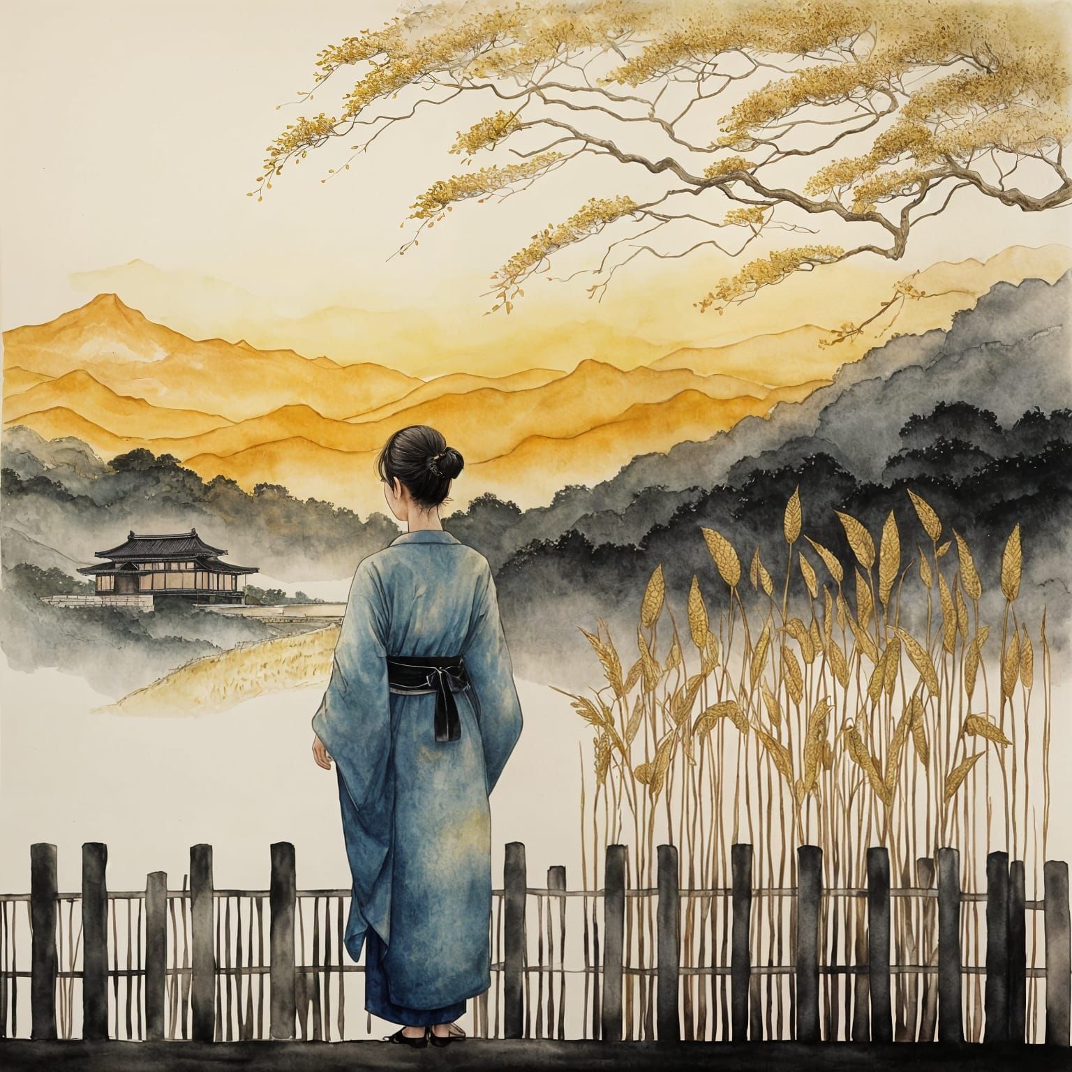 Japanese Lady Contemplates Golden Cornfield at Dawn