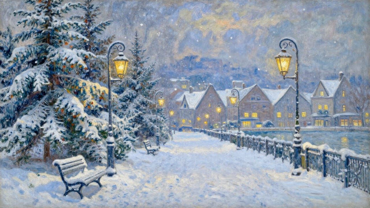 Impressionist Winter Village Scene with Warm Lamplight