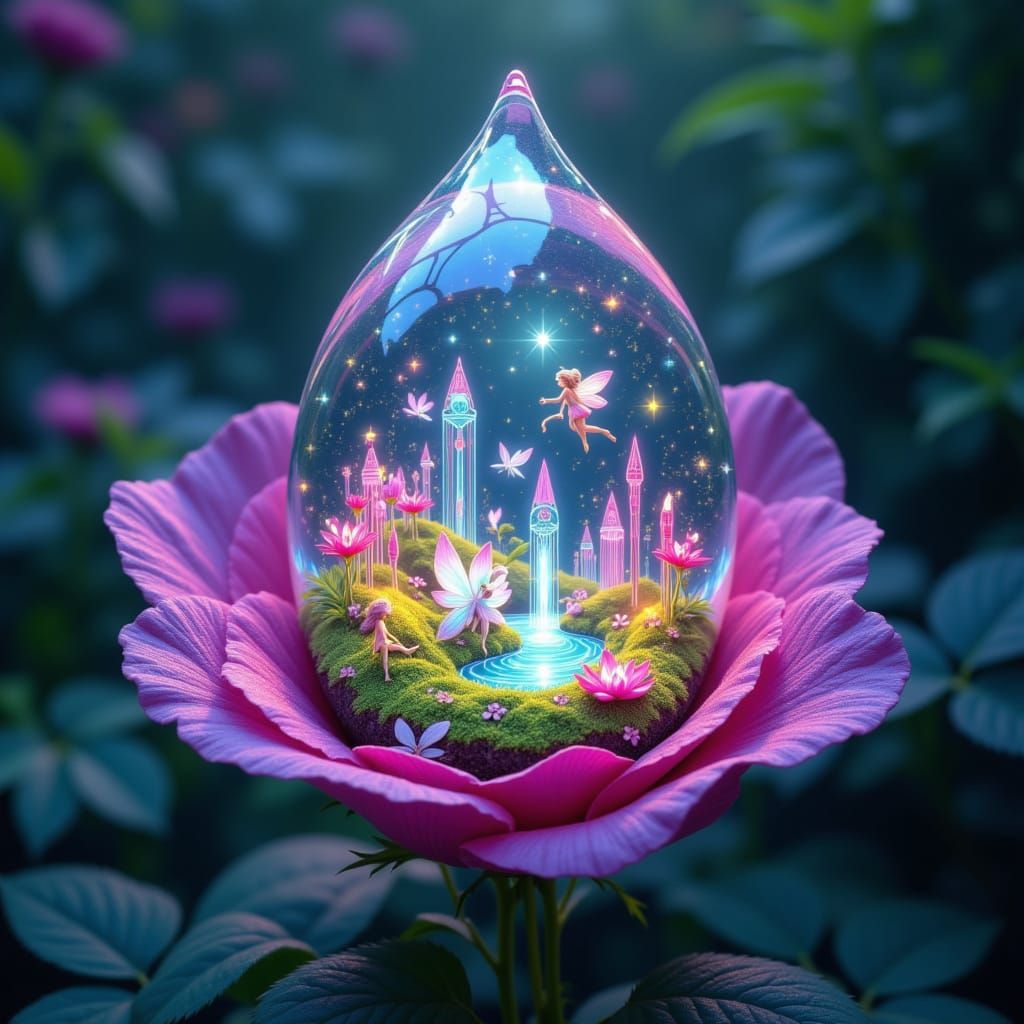 Miniature Fantasy World Inside a Raindrop