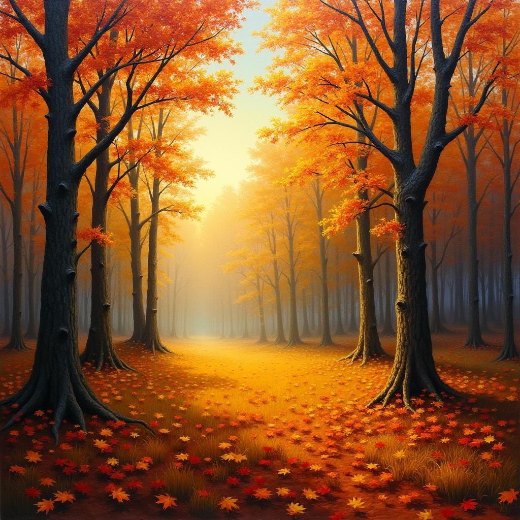 Autumn Forest Landscape at Sunset as Oil Painting