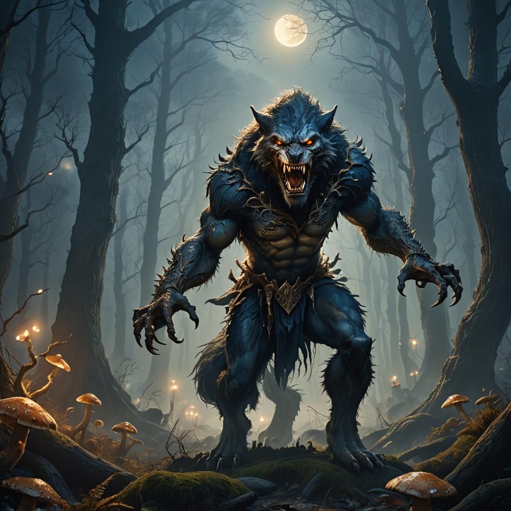 Werewolf Transformation in Misty Forest: Gothic Horror Art