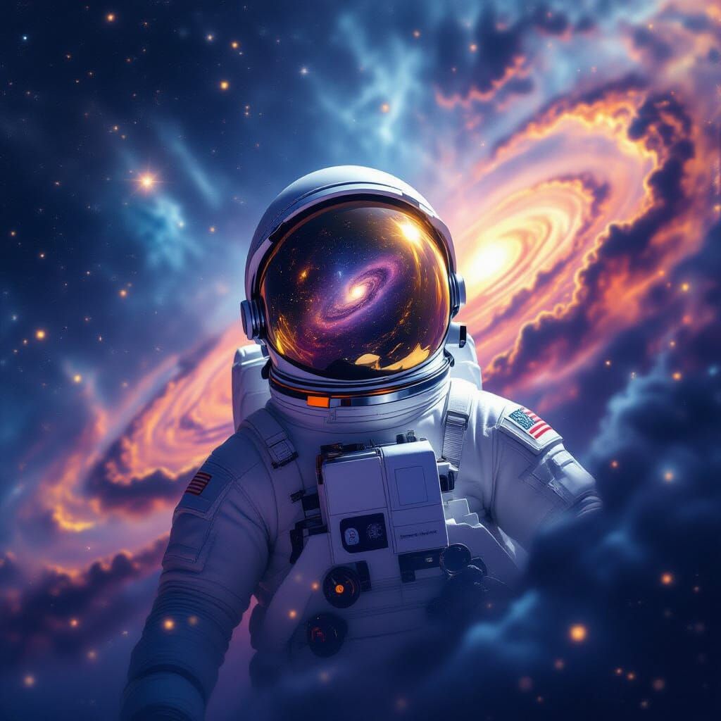 Astronaut in Cosmic Nebula Reflecting Galaxies