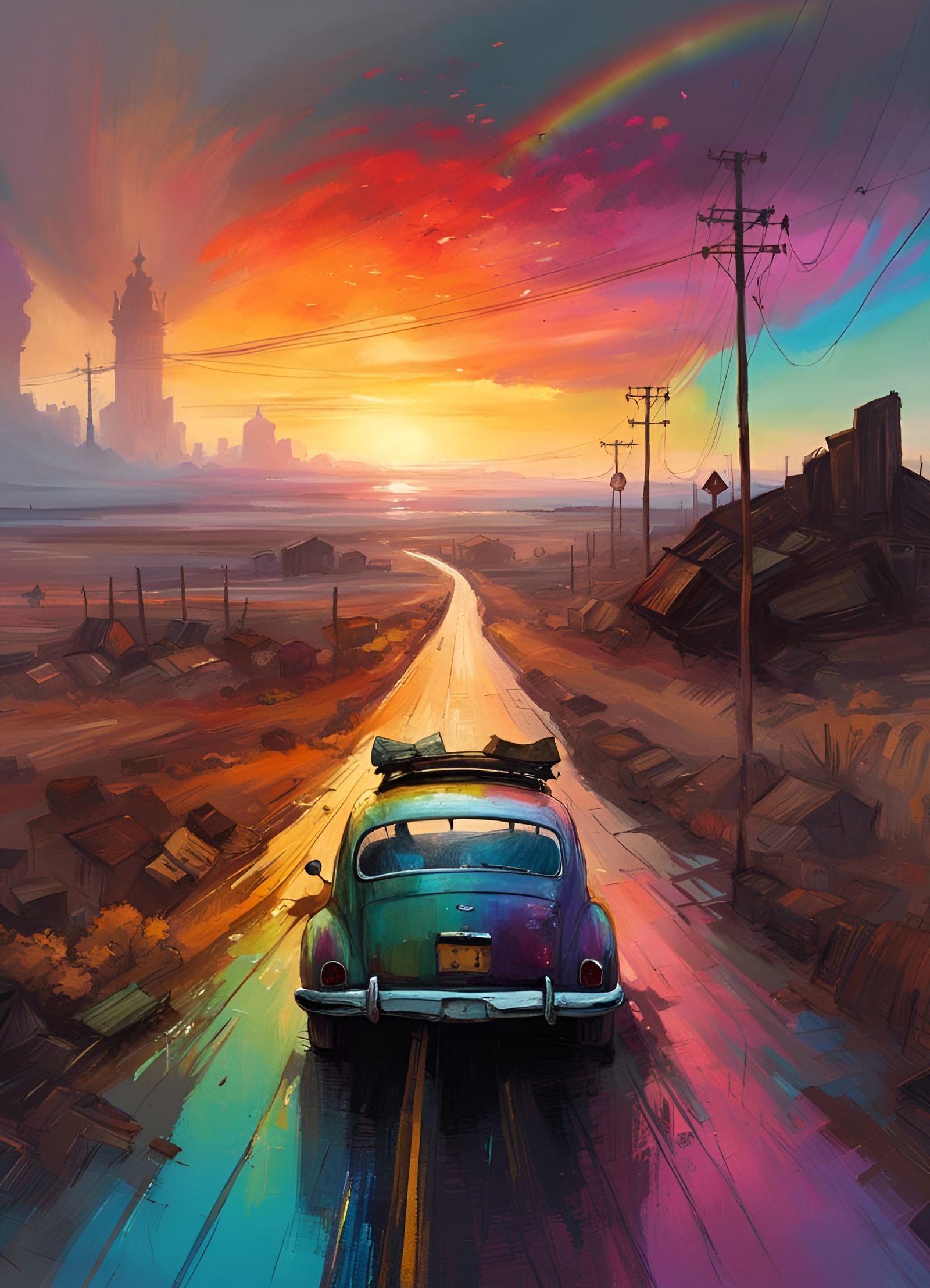 Rainbow Sunset Over Empty Road as Fine Art