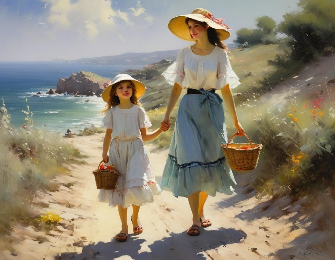 Mother and Daughter Seaside Walk, Impressionistic Style