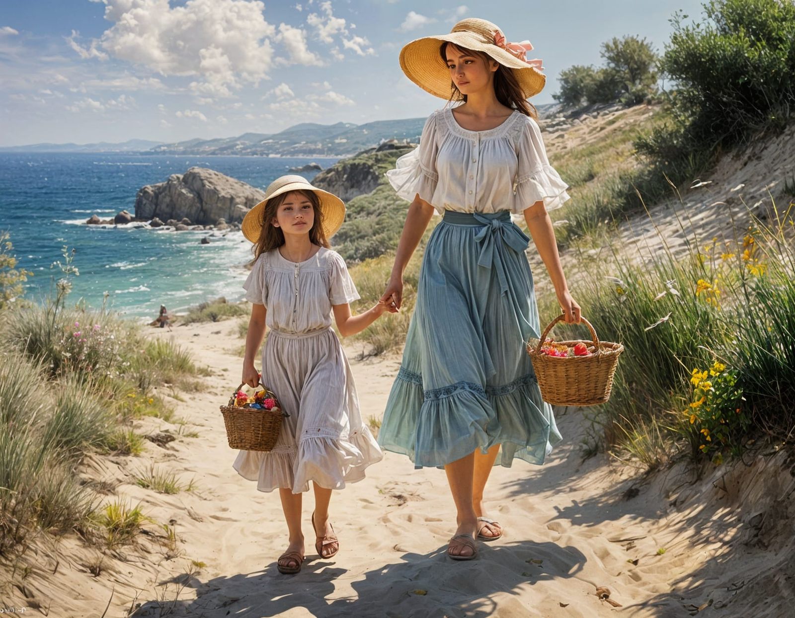 Mother and Daughter Seaside Walk, Impressionistic Style