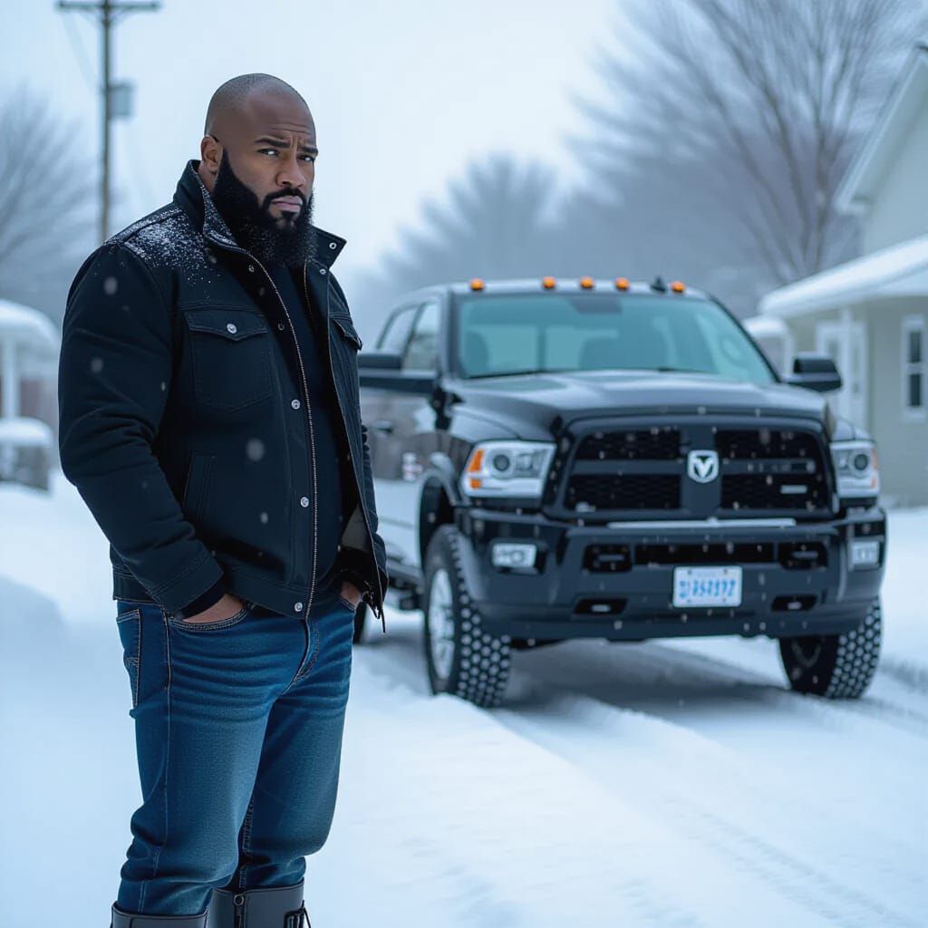 Bald Black Man in Snowstorm, Cinematic Film Still