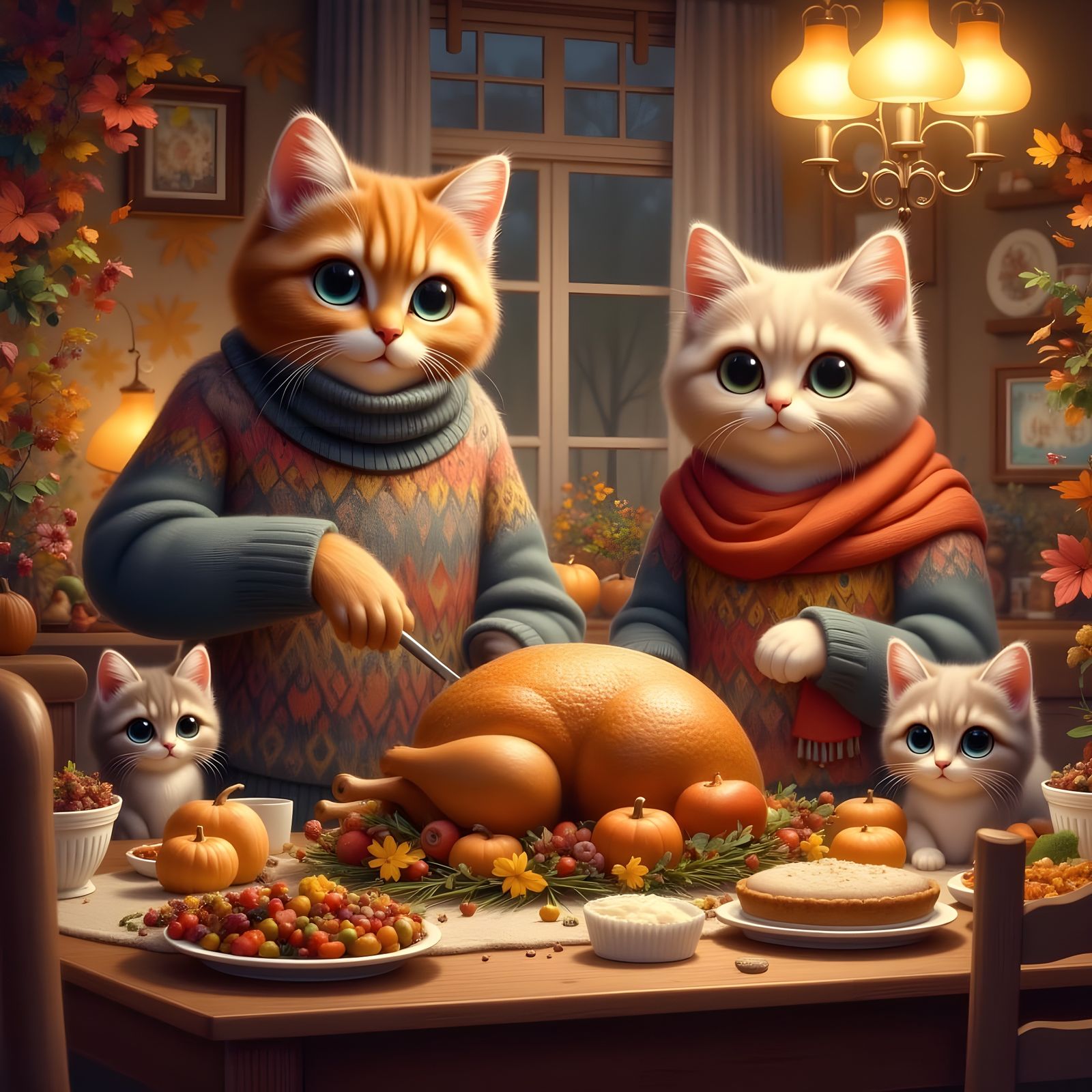Cat Family Thanksgiving in Cozy Autumn Dining Room
