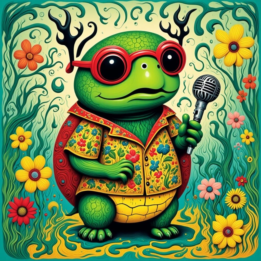 Singing Turtle with Music Notes in Whimsical Style