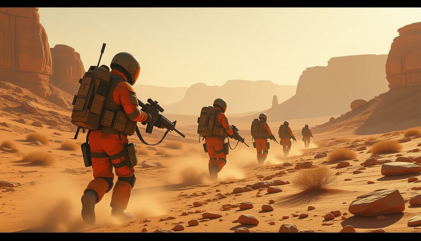 Sci-Fi Soldiers on Alien Planet in Cinematic Style