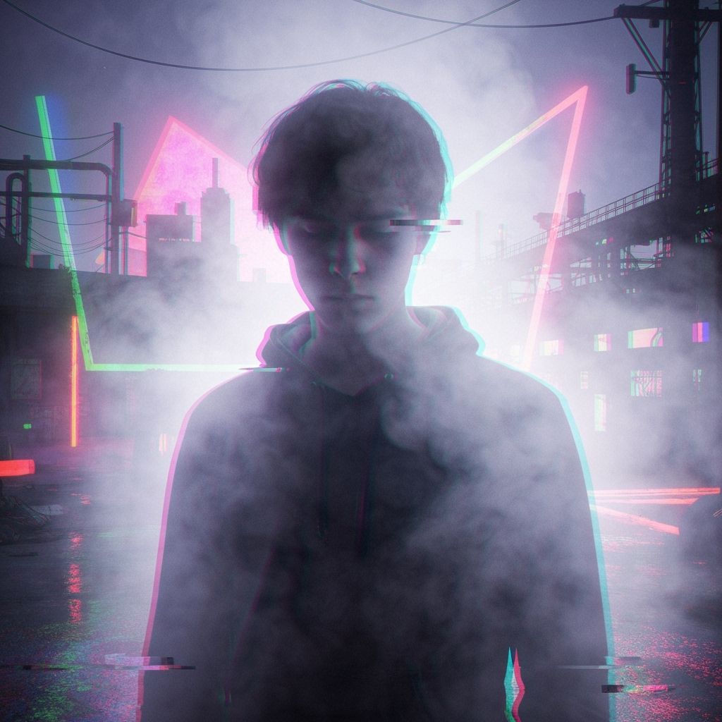 Figure in Mist with Neon Glitches